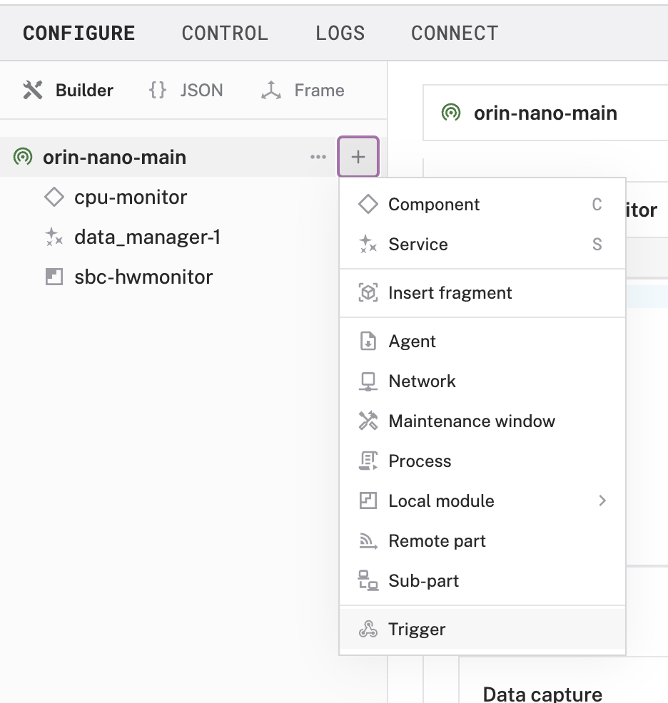 The Create menu with Trigger at the bottom of the list of options.