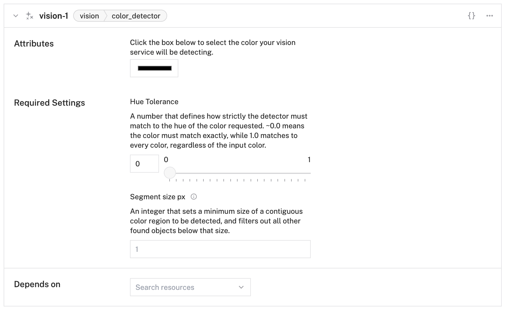 Color detector panel with color and hue tolerance selection and a field for the segment size